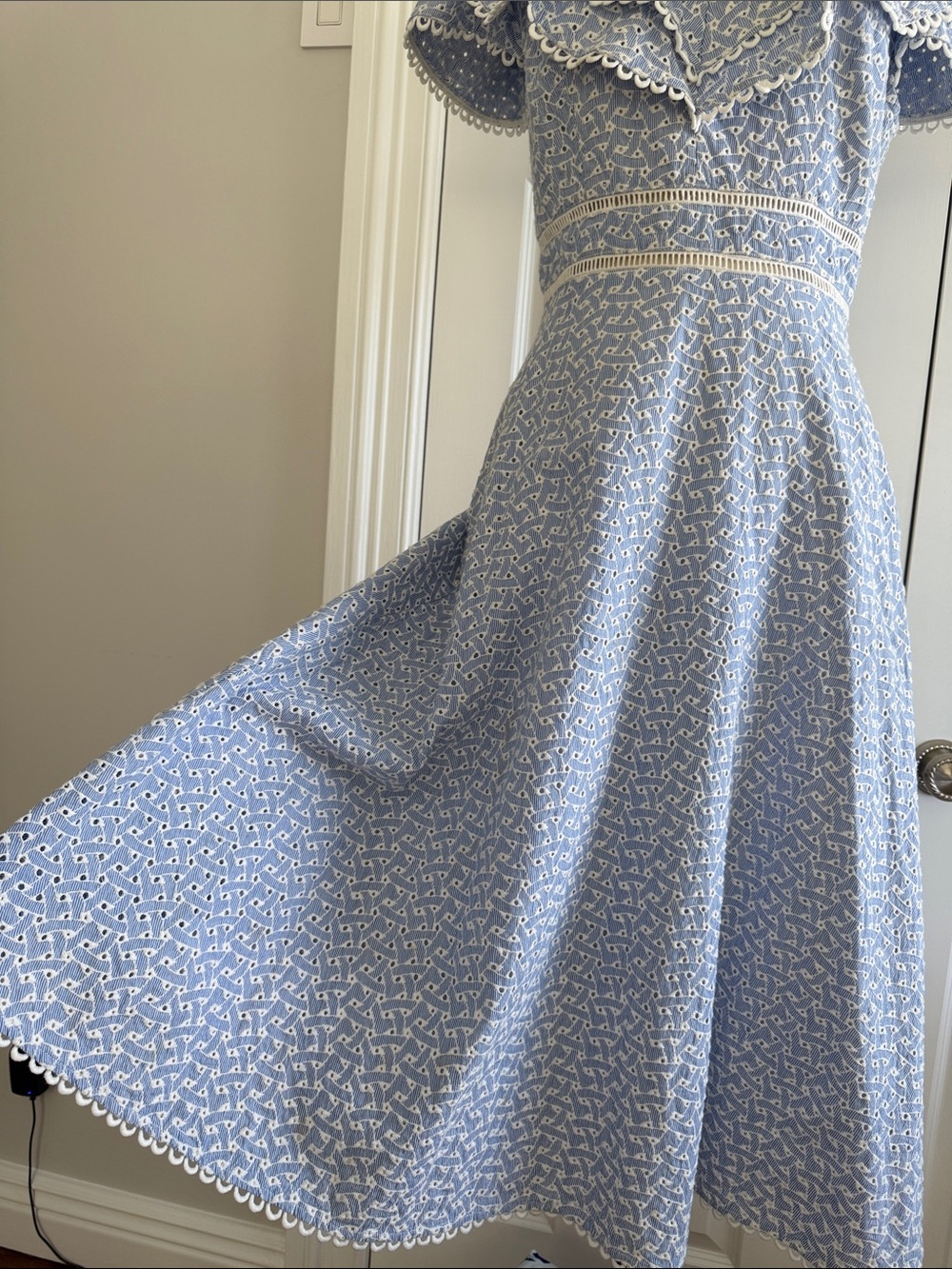 Champagne and Strawberry Fit &Flare Eyelet Ruffle Light Blue Midi Dress Size M - Picture 6 of 13